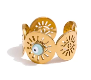 Bague femmes soleil or oeil émail bleu