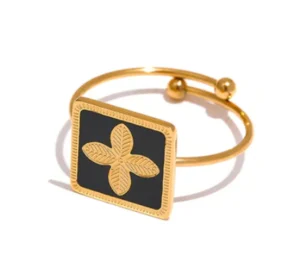 Bague or femme ajustable motif croix nacré noir