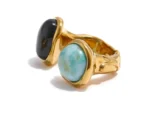 Bague or femme amazone double pierre noire et vert