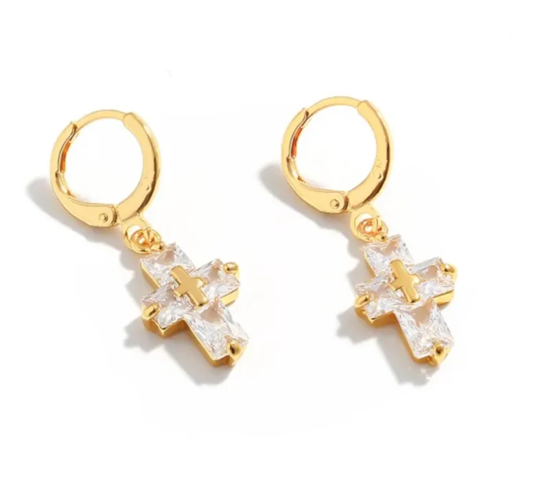Boucles or pendantes croix incrusté zircon-blanc