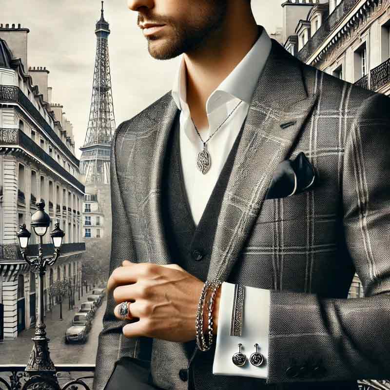 Scène luxueuse de l'élégance française moderne pour bijoux hommes. Un homme chic en costume sur mesure, exhibe des bijoux sophistiqués de marque, symboles du luxe, sur fond parisien
