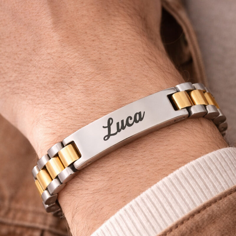 Bracelet acier homme personnalisé gravé prénom Luca – Bicolore argent et or
