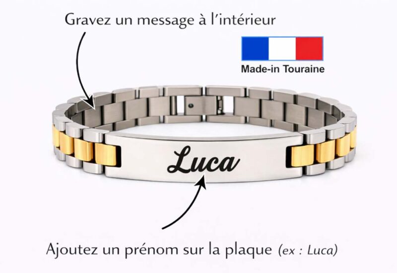 gourmette-or-grave-bicolore-made-in-france-tourain Bracelet acier homme personnalisé prénom Luca – Gravure recto/verso – Made-in Touraine