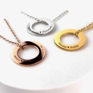 Collier anneau personnalisé prénom – Doré, argent et or rose