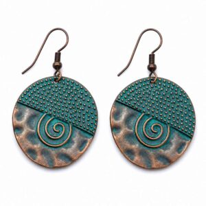 Boucles d’Oreilles Rondes Pendantes Émaillées Spirale Turquoise Fond Blanc