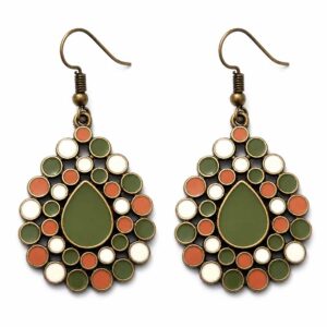Boucles d’oreilles femme pendantes émaillées forme goutte vert kaki blanc