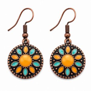Boucles d’oreilles femme pendantes émaillées turquoise clair et orange sur fond blanc