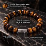 Bracelet homme personnalisé en œil de tigre AAA, perles de 8 mm, plaque en acier inoxydable gravable et tour de poignet de 16,8 à 21,6 cm