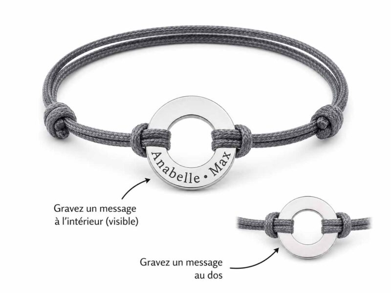 Bracelet cordon gris avec anneau gravé – prénoms et message au dos